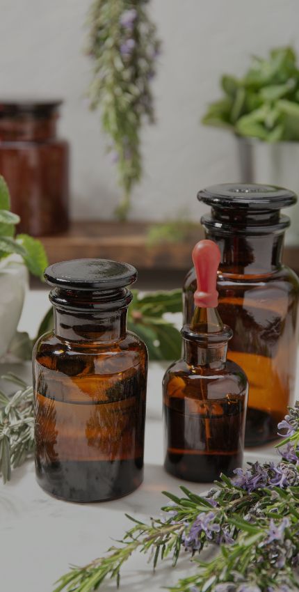 Natural herbal ingredients and apothecary bottles